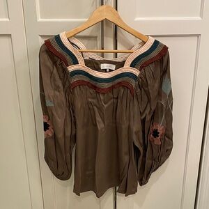 Corey Lynn Calter Brown Blouse with Embroidered flowers
